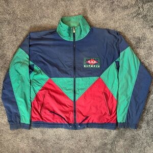 USA Olympic vintage geometric colorblock nylon windbreaker jacket